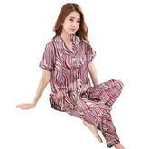 Elegant Women's Stone Linen Night Suit | Floral Print Short Sleeve Pajama Set